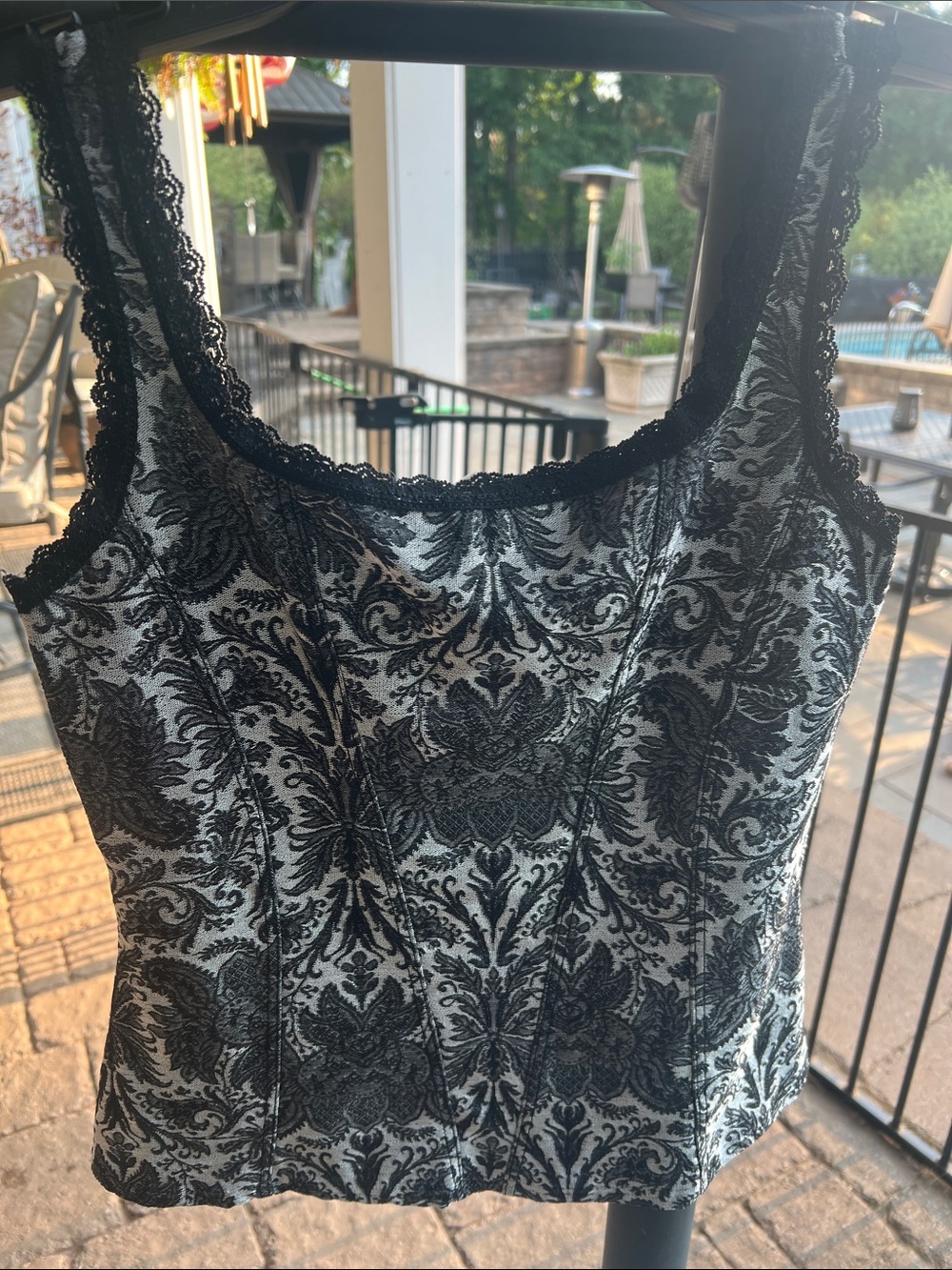 White House Black Market Black and White Damask Lace-Trim Camisole